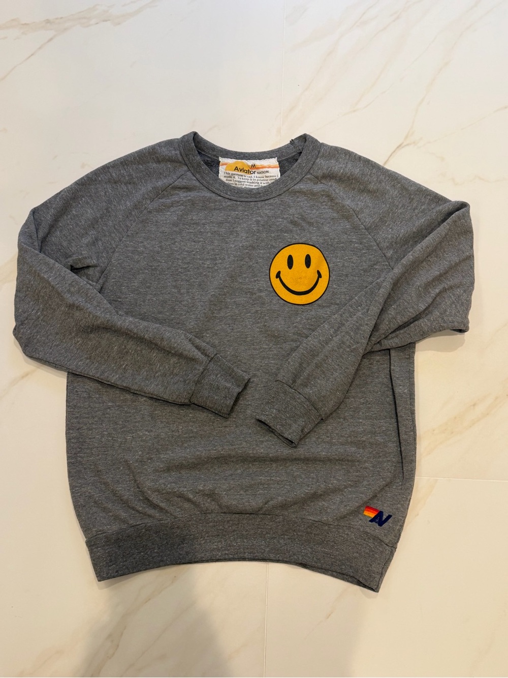Aviator Nation Gray Crewneck Sweater with Yellow Smiley Patch